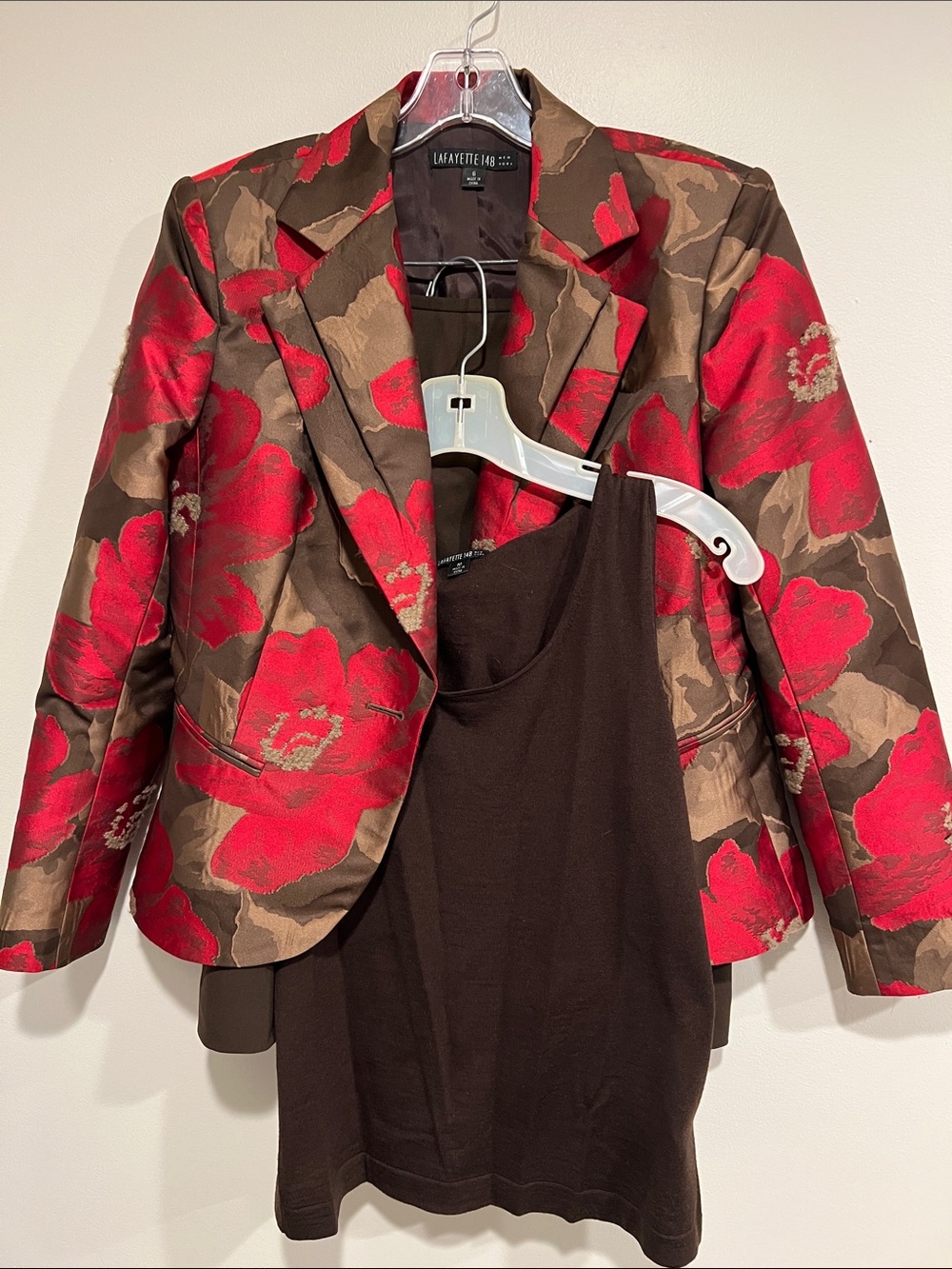 Lafayette 148 New York Brown Blazer with Red Floral Pattern